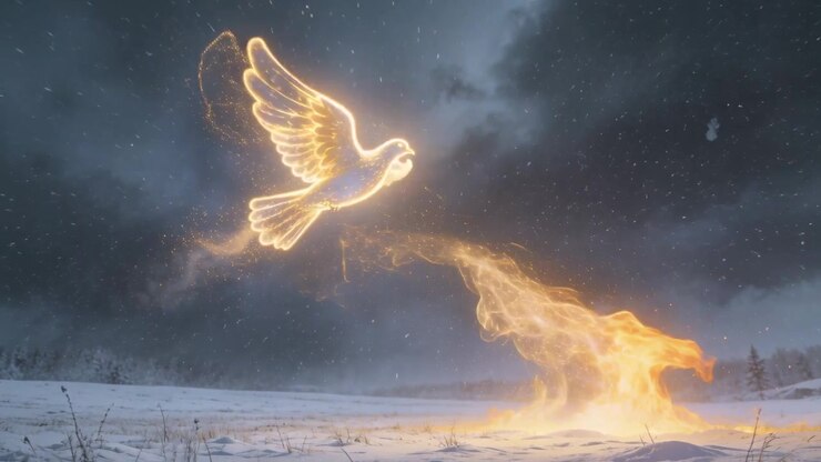 Forming luminous golden bird from ground flame and ascending over snowy field, trailing fiery plume