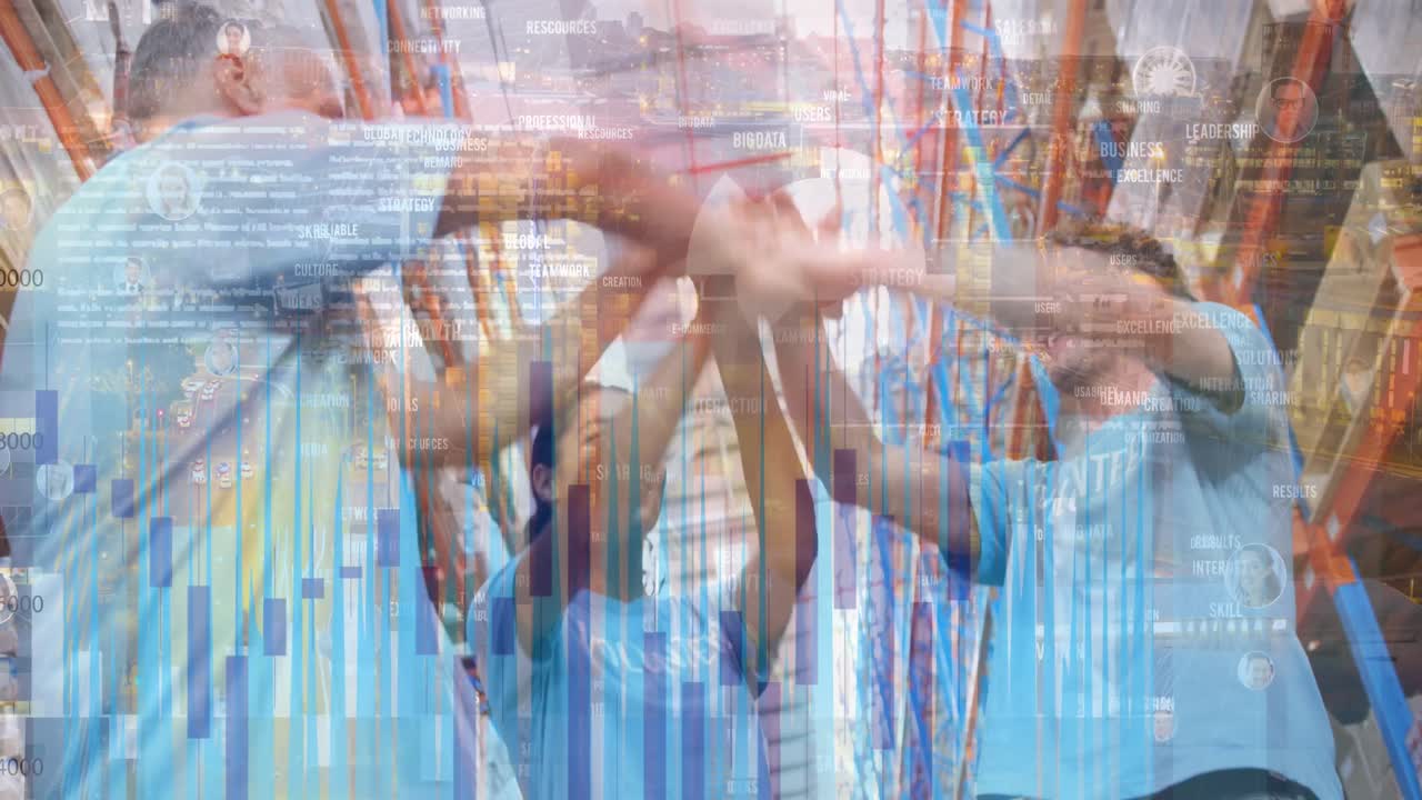 animación del procesamiento de datos sobre diversos voluntarios en el almacén