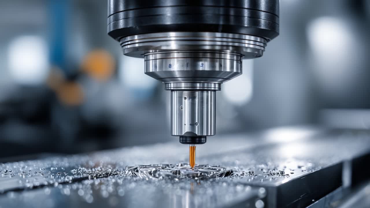 Processo di Lavorazione di Precisione: Taglio Metalli di Alta Qualità con Fresatrice CNC, Mostrando Utensili da Taglio e la Formazione Continua dei Trucioli