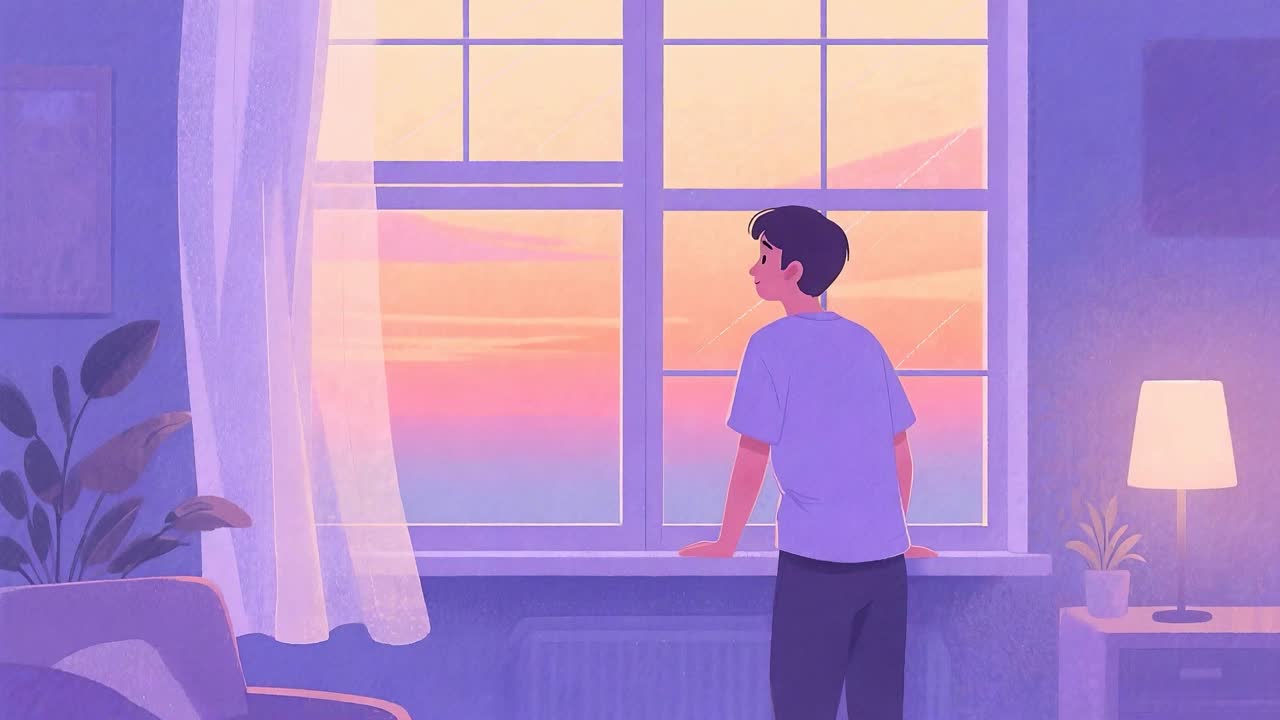 A solitary figure looking out a window at dusk