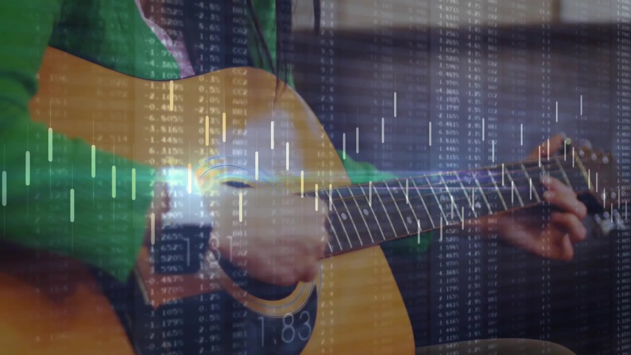 Musicista che preme un accordo e strimpella la chitarra, attivando un overlay tecnologico con barre che tracciano i cambiamenti.