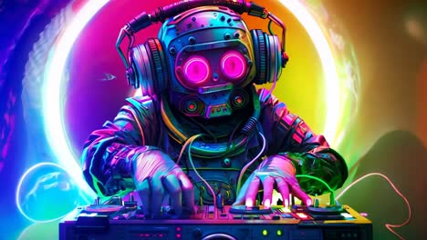 a man in a space suit playing a dj set with headphones on