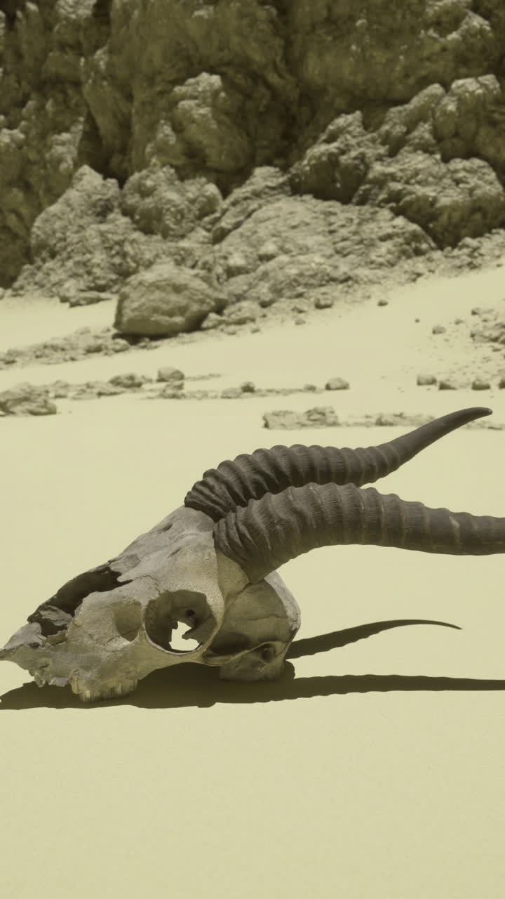 Desert landscape featuring a ram skull against a rocky backdrop