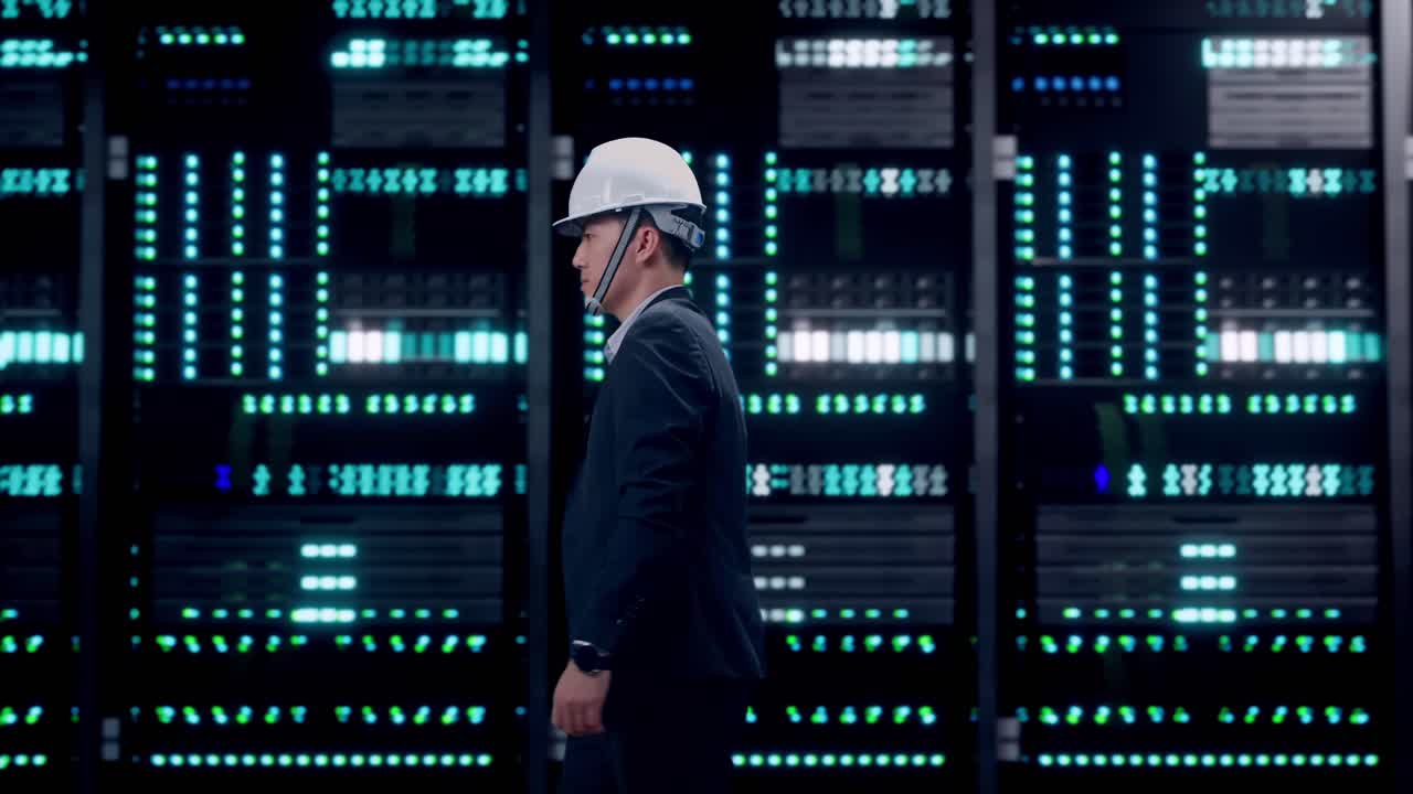 Side View of Asian Businessman Walking in Server Room Data Center