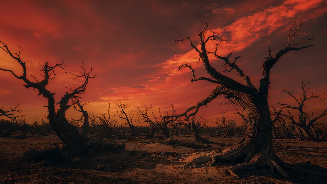 Dusk arriving initiating vista capturing arid cracked earth with twisted dead trees, copy space
