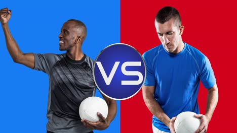 animation of diverse male rugby players holding balls over blue and red background