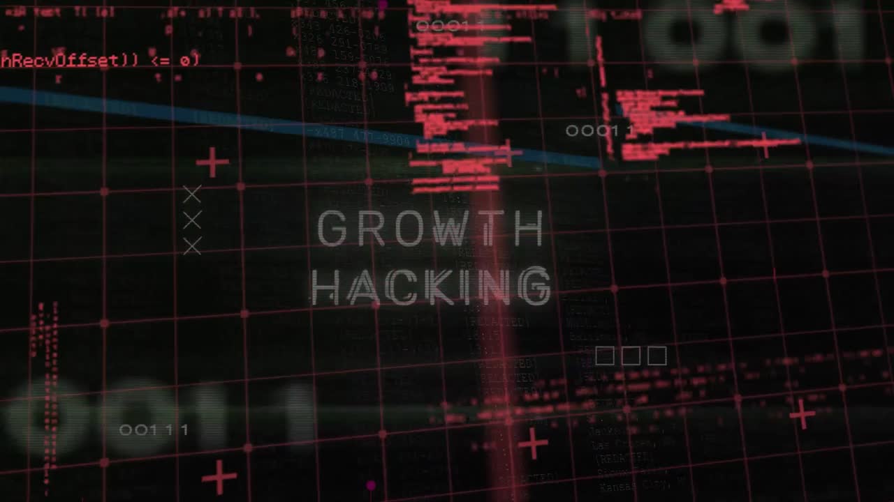 Animation of data processing and growth hacking text on black background