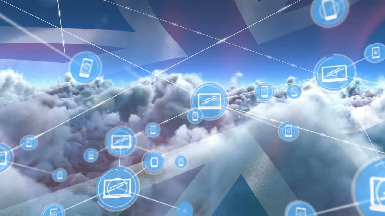 animación de la red de conexiones con iconos sobre la bandera de gran bretaña y nubes en el cielo