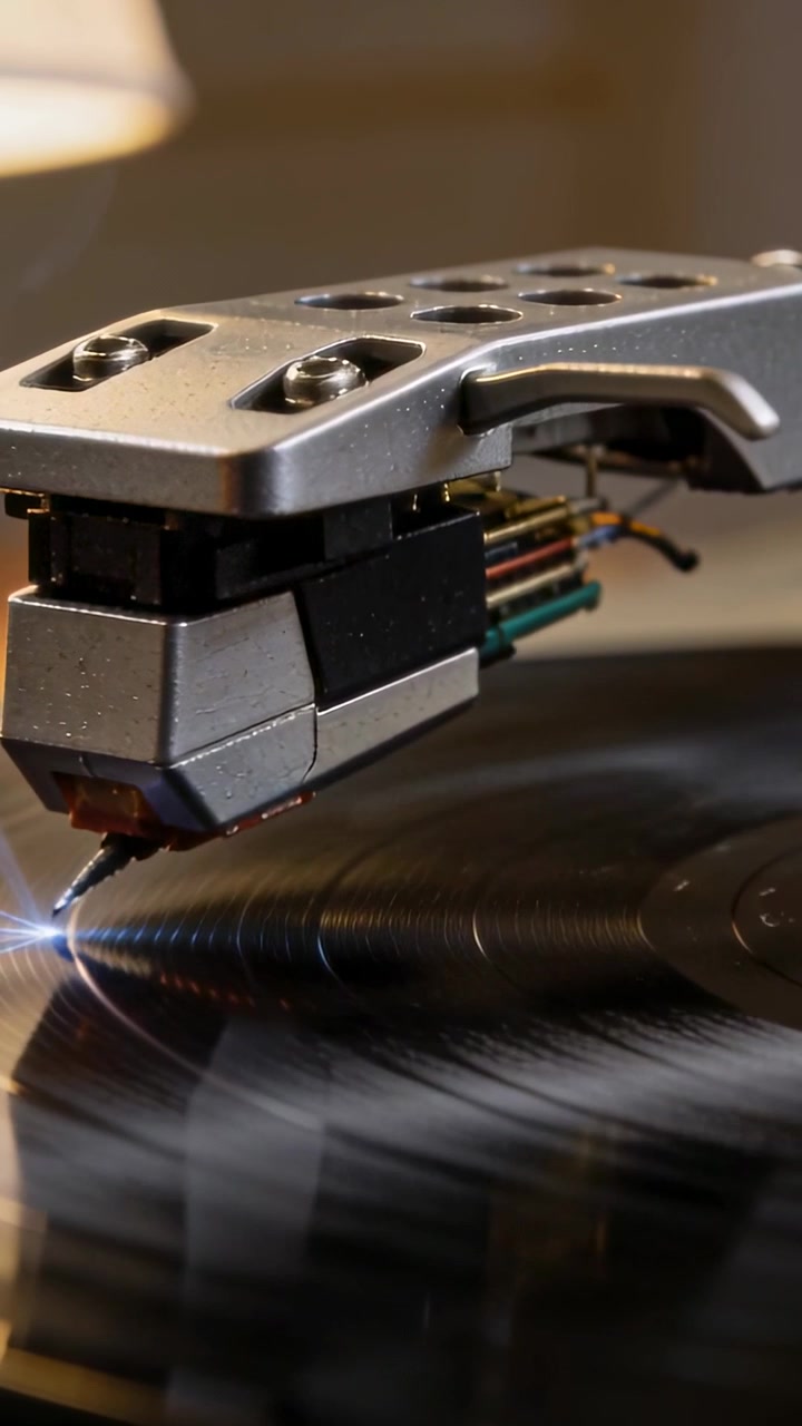 Video verticale: Disco che gira, con la puntina del braccio argentato che si abbassa sul vinile a casa per ascoltare musica.