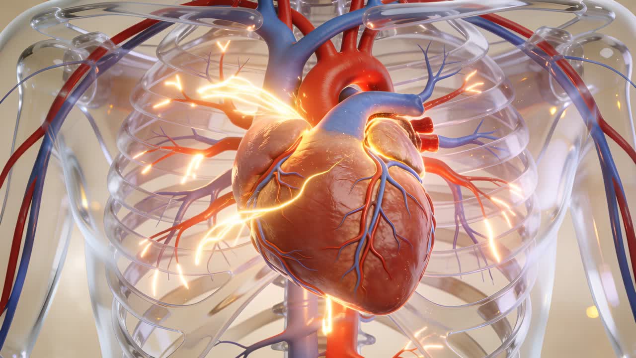 Modello 3D di cuore pulsante che si illumina di giallo-arancione, conducendo attraverso le coronarie nella gabbia toracica a scopo didattico.