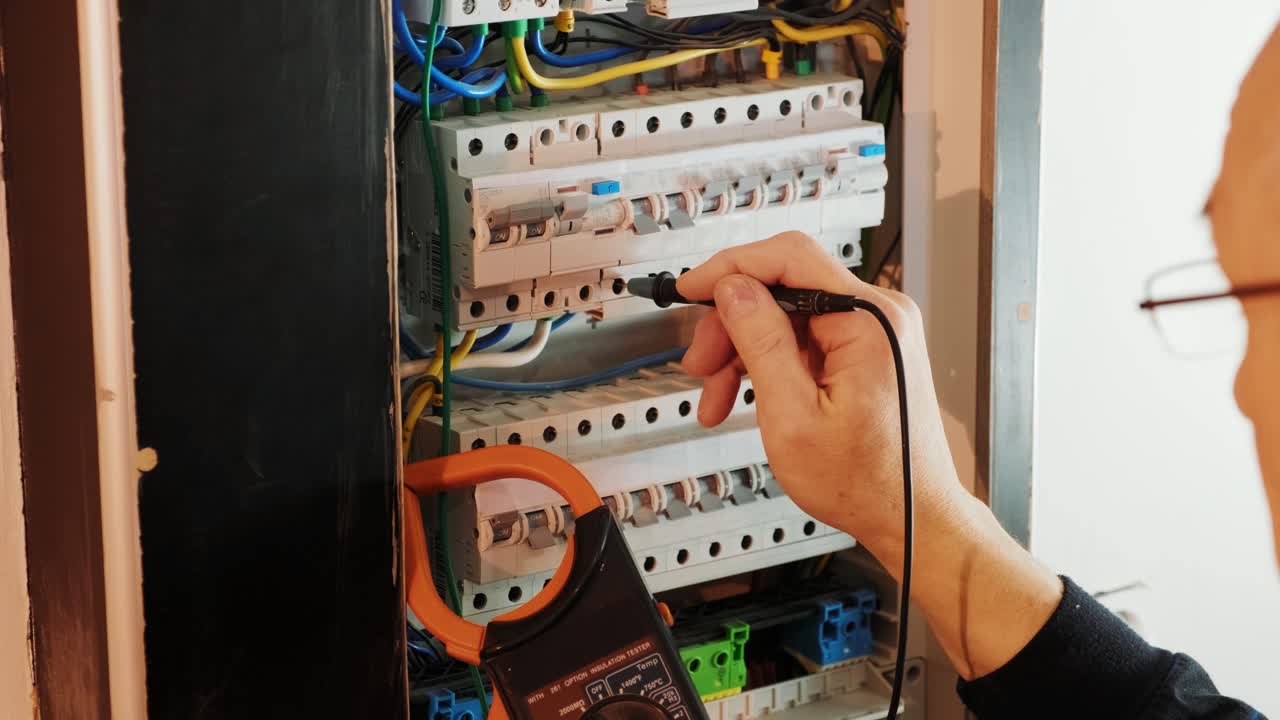 los electricistas ponen las manos a probar la corriente eléctrica en el panel de control. el ingeniero electricista trabaja midiendo el voltaje y la corriente de la línea eléctrica en el control del gabinete eléctrico.