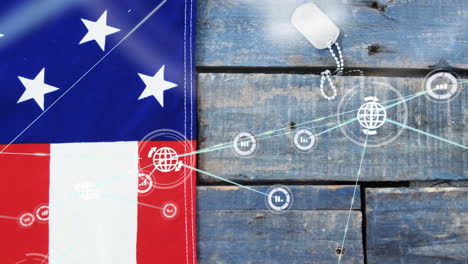 animation of global communication network over american flag and dog tags on wood