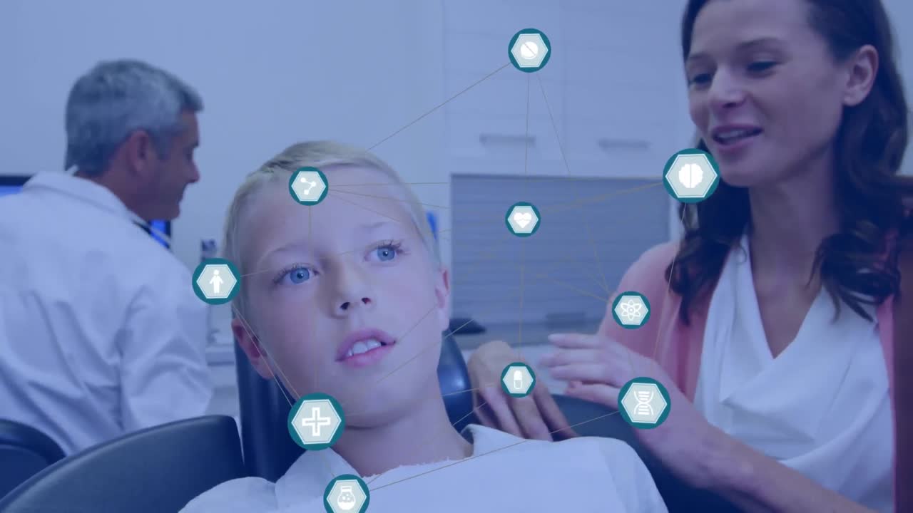 치과의사 의자에 있는 소년에 대한 아이콘과 연결 네트워크의 애니메이션