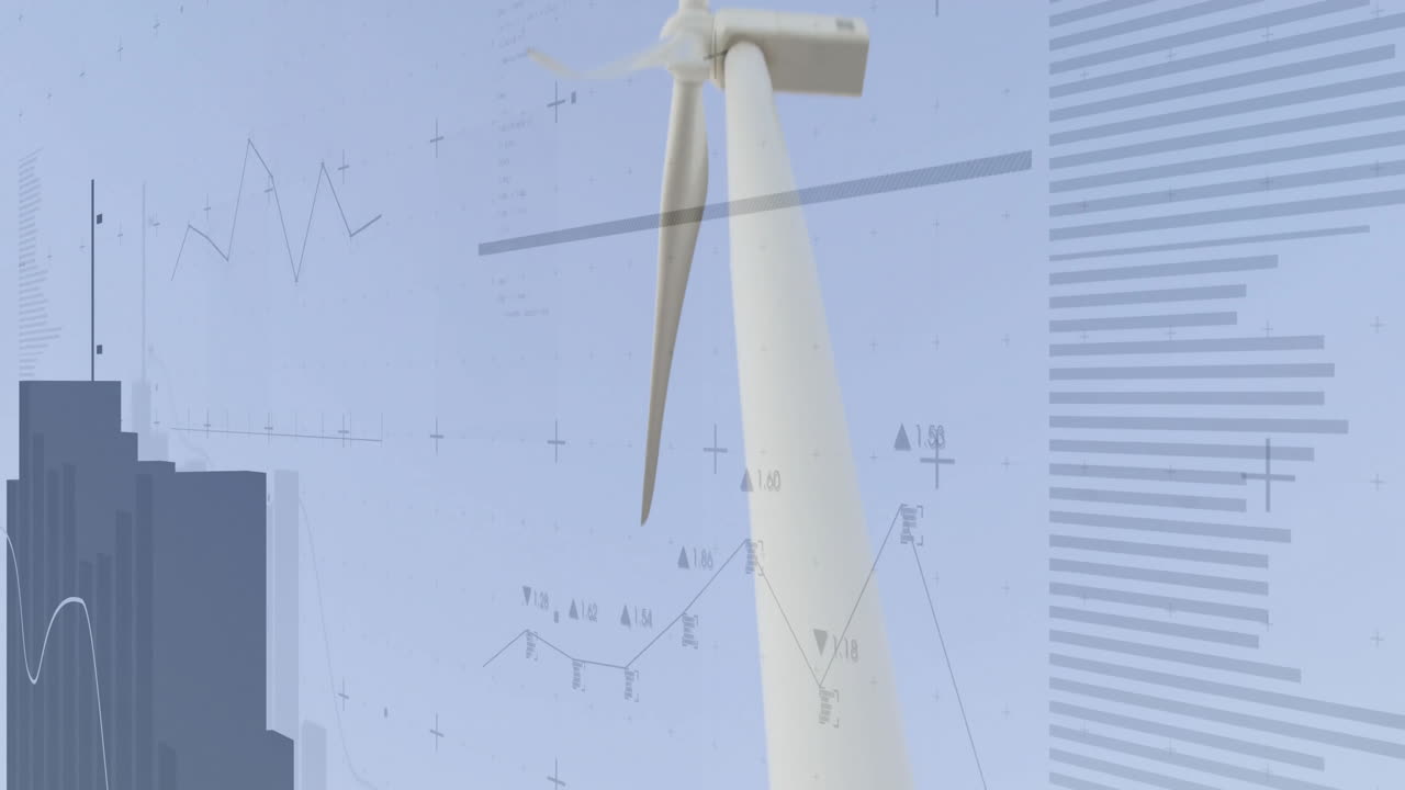Wind turbine blade rotating under pale blue sky, projecting line charts and crosshair markers