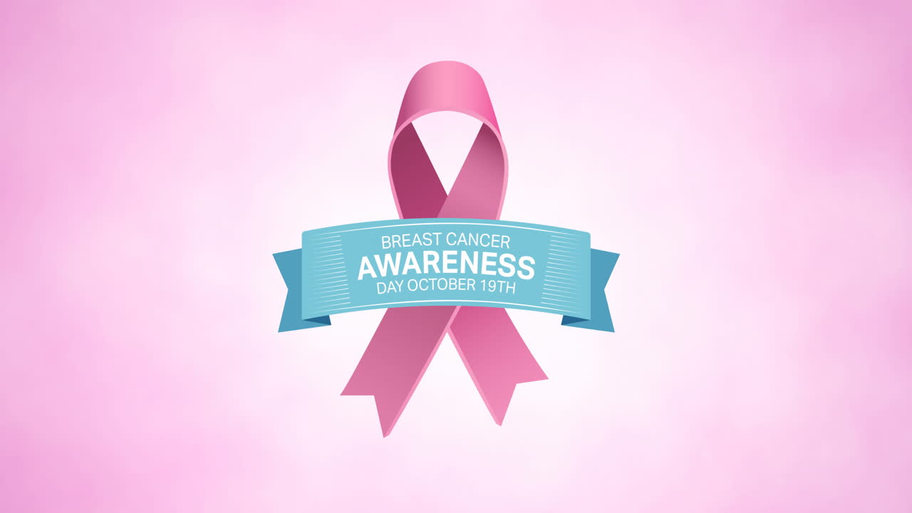 핑크색 리본 로고와 핑크색 배경에 나타나는 유방암 텍스트의 애니메이션
