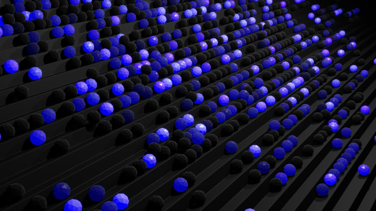 4k abstract looped background with spheres like bulbs or abstract garland. Balls or spheres lie on steps. Waves of blue purple color and light roll over balls on the steps forming a beautiful pattern.