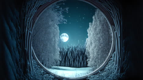 Animation-of-a-winter-landscape-at-night,-full-moon-is-shining-over-forest-with-frozen-trees-while-snowflakes-are-falling-down