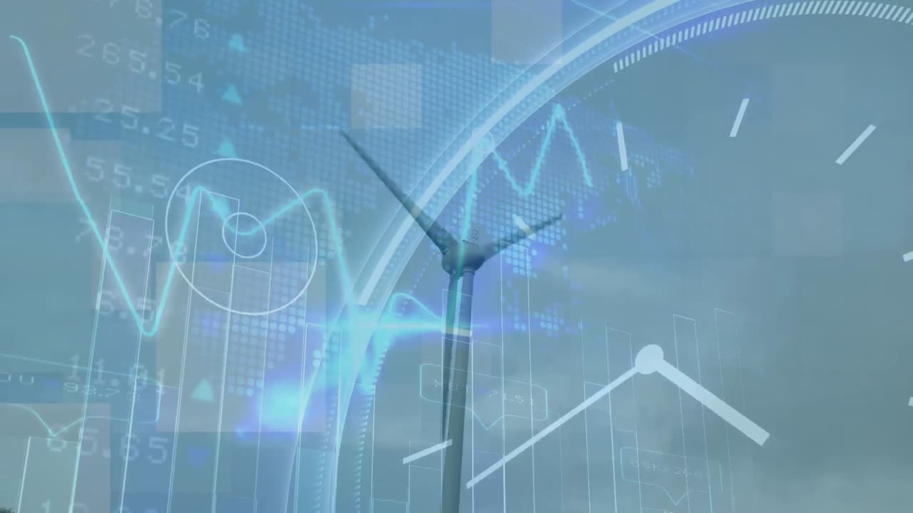 Animation of financial data processing and clock over wind turbine