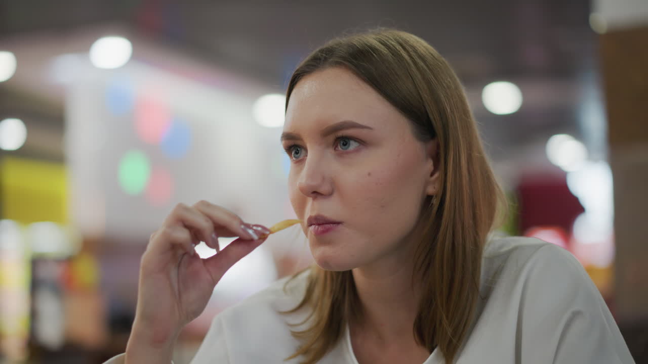 primer plano de una dama comiendo papas fritas con una mirada seria, luces parpadeantes coloridas suavemente borrosas en el fondo de un animado centro comercial, capturado en un entorno animado de un centro comercial