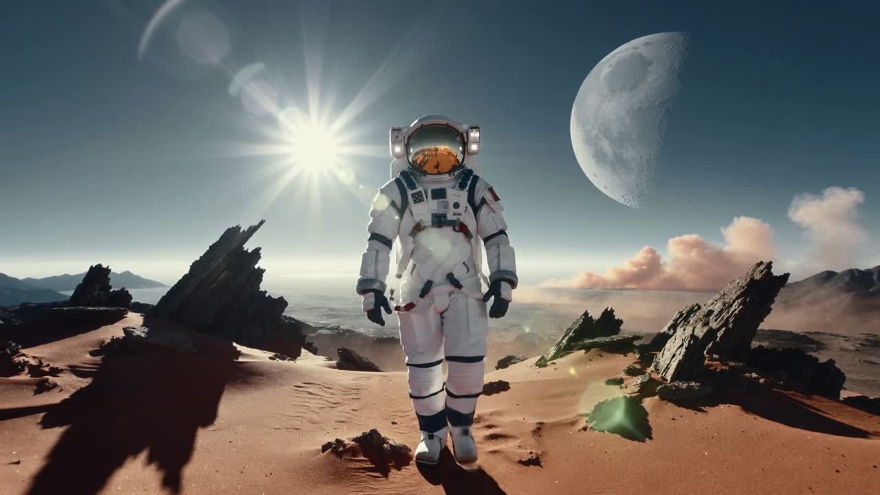 Gående hvid EVA-astronaut på vej mod kameraet på røde klitter, sekvensen starter med et solglimt.