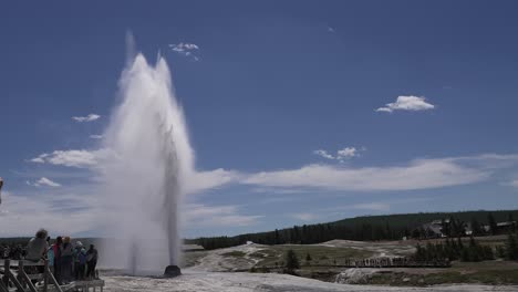 crowds of people give a sense of scale as they watch old faithful geyser erupting at yellowstone park, wyoming, usa