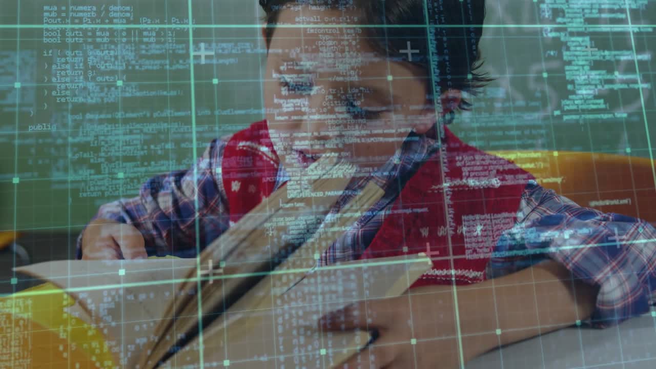 Boy opening book and flipping pages while studying schoolwork, HUD code grid overlay moving