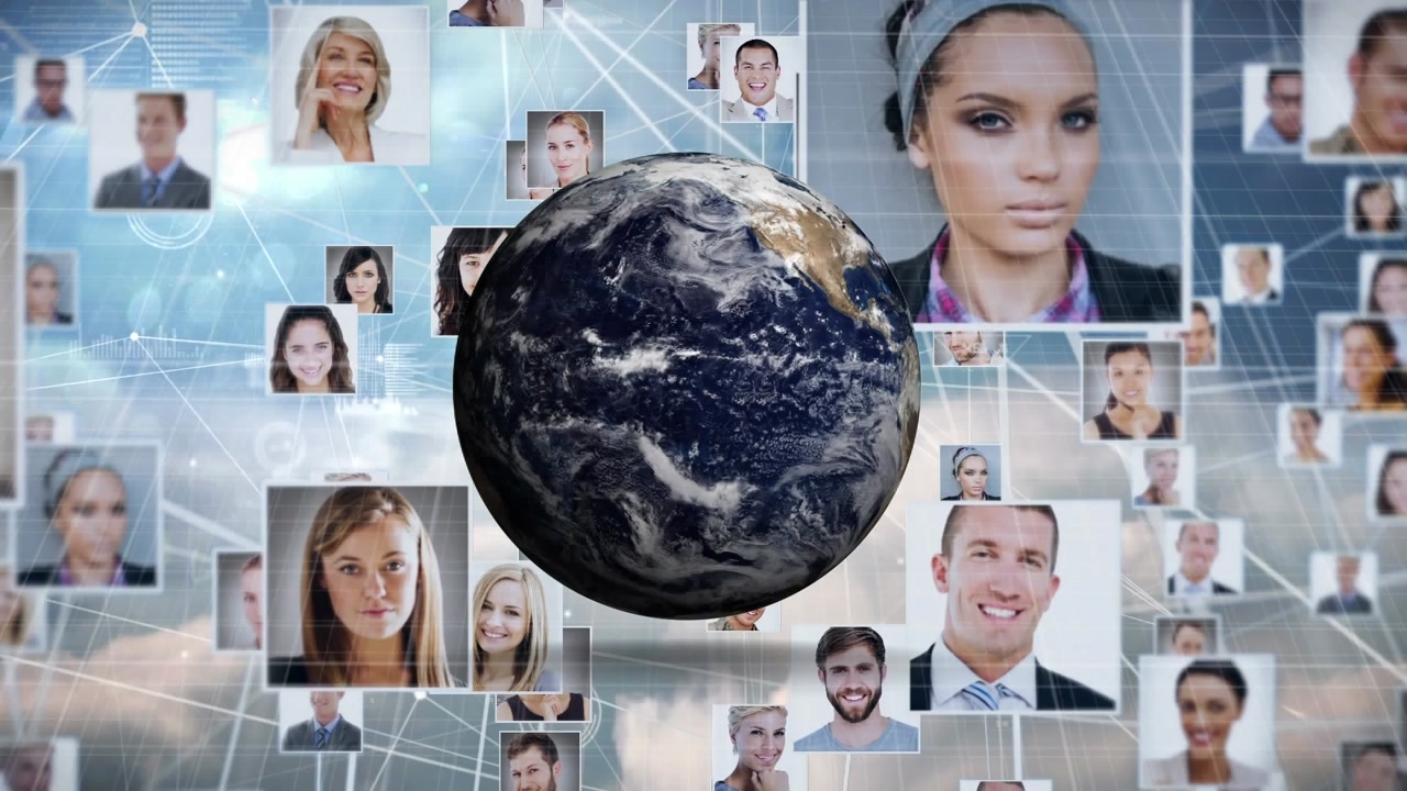 Animazione di icone di persone diverse su mappamondo e rete di connessioni