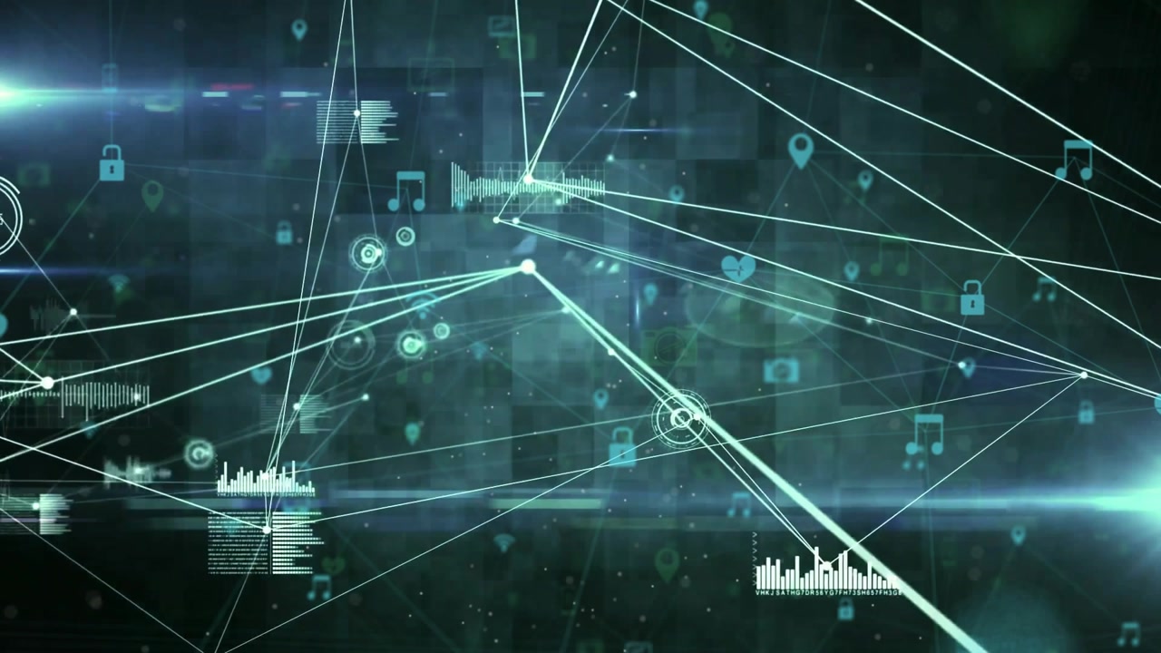 Interconnected digital network glowing lines flowing across teal grid showing padlocks, music icons