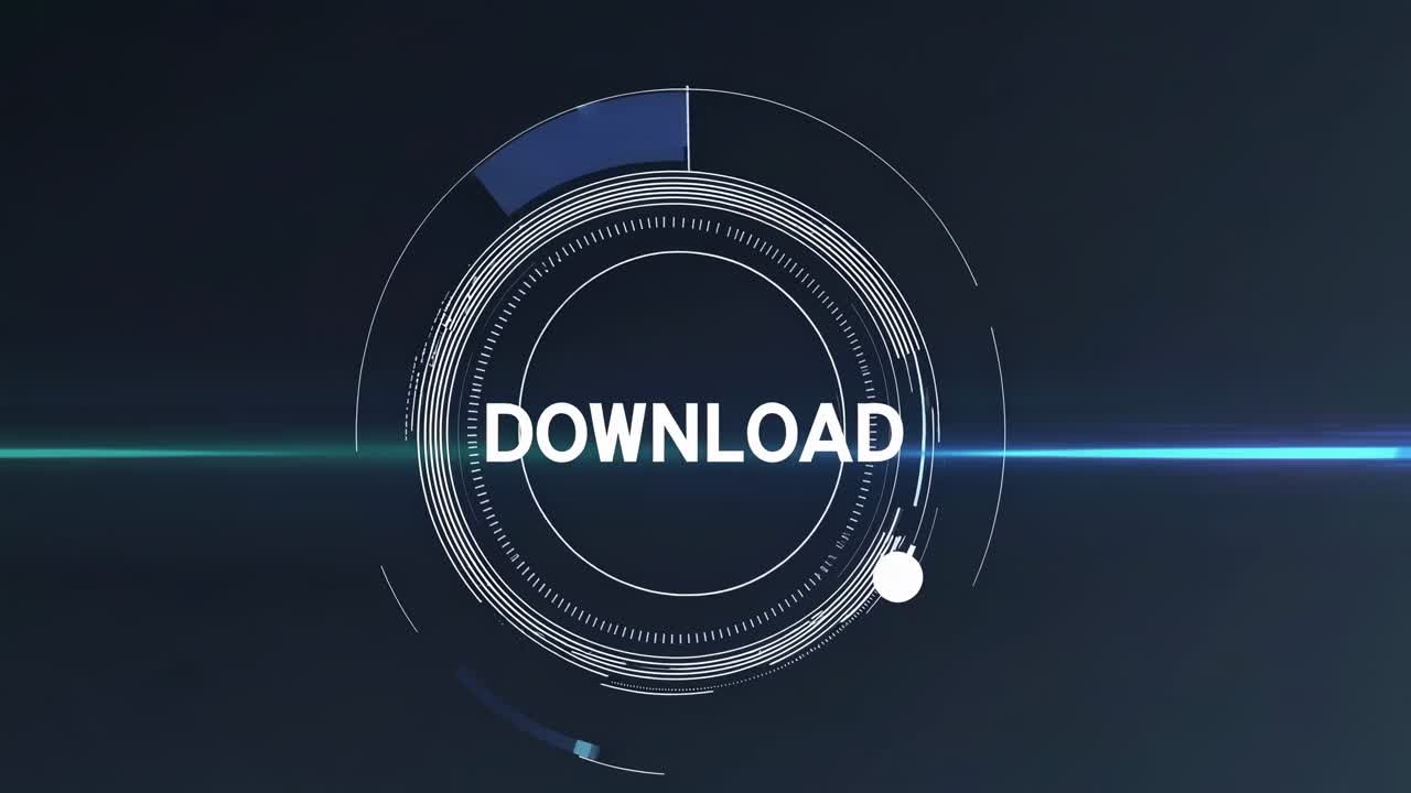 Futuristic video concept with a top-down angle, featuring a digital download icon with circular