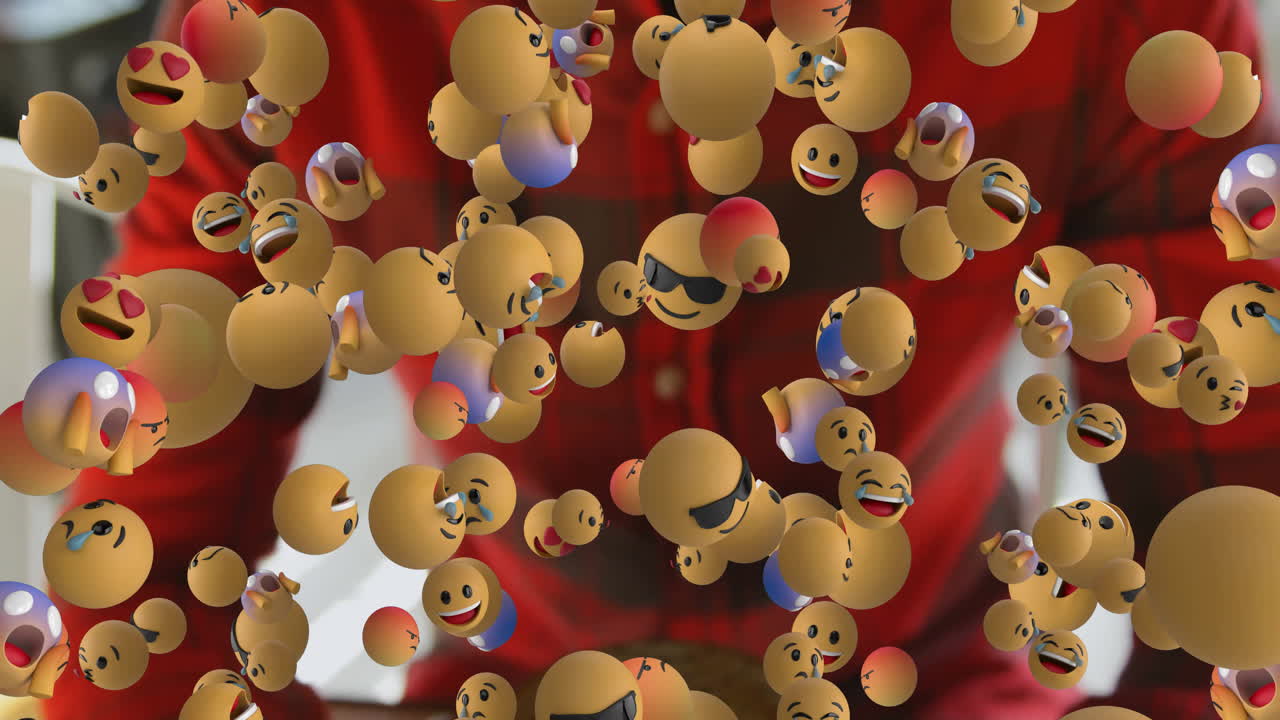 Floating emoji spheres drifting over plaid backdrop, casting shadows showcasing marketing emotions