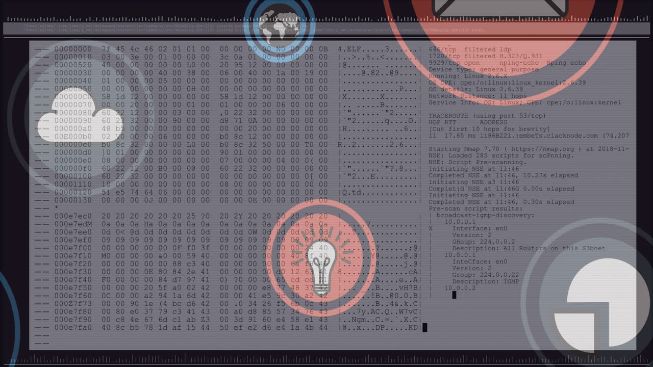 Animation of falling icons over data processing on white background