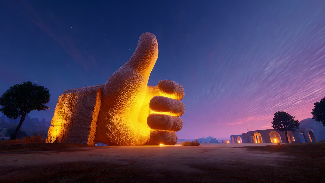 A Majestic Thumb Sculpture Illuminated at Dusk, Featuring a Unique Design Against a Beautiful Sky, Highlighting Artistic Expression in an Outdoor Setting