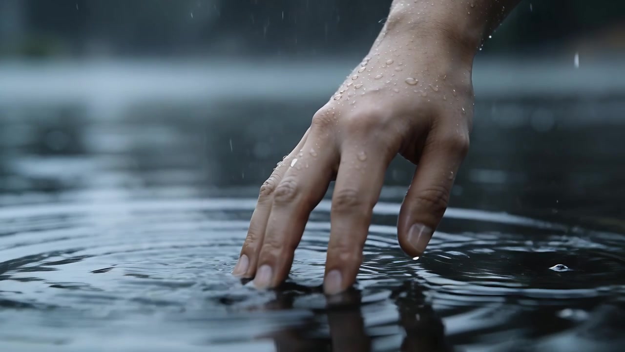 Reaching adult hand responding to rain, making fingertip brushes on pond surface, creating ripples