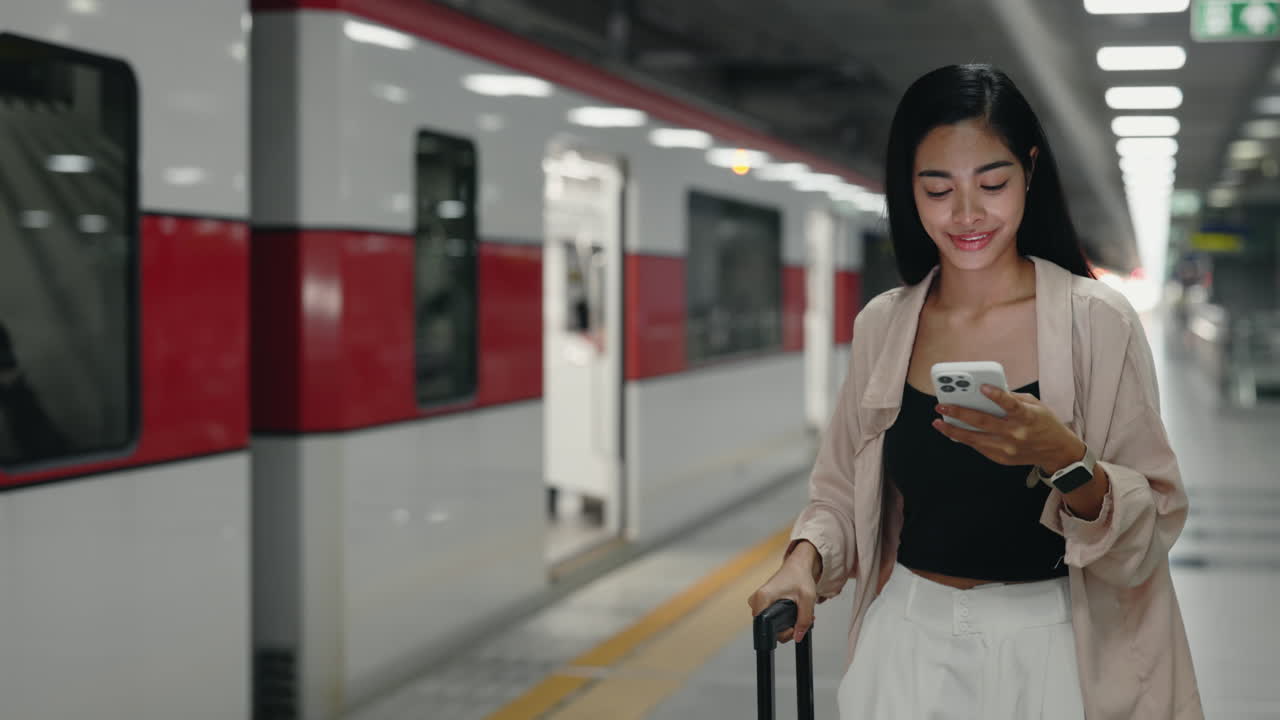 Woman using smartphone at a train station