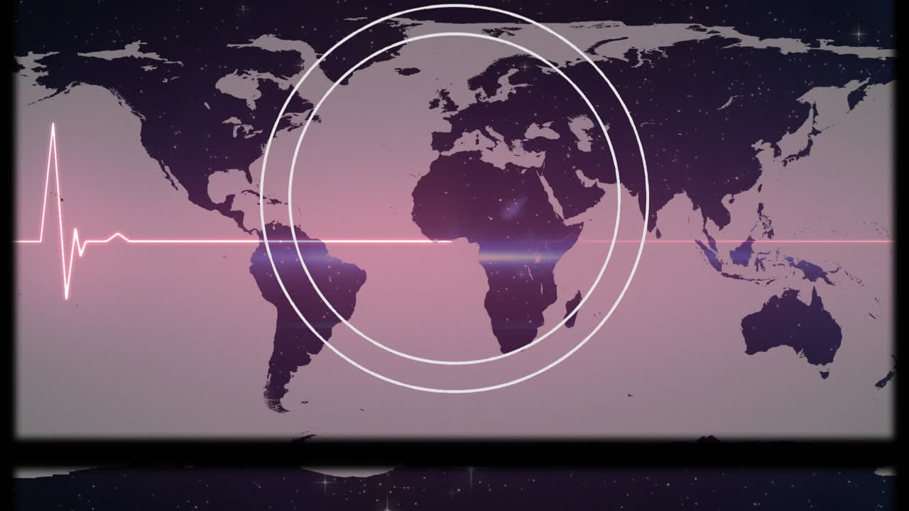 세계 지도 위의 원과 심박수 모니터의 애니메이션