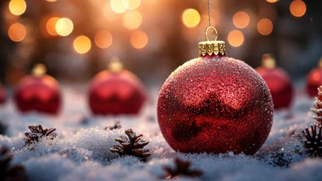 bright red christmas ornament glistens in snow at sunset