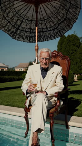 elegant senior man in a white suit by a pool