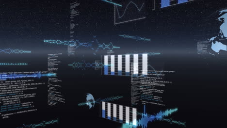 animation of globes spinning, statistics recording and data processing over universe