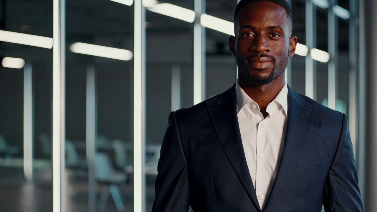 Confident African American man in a tailored suit stands in a modern office space, showcasing professionalism and charisma in a series of engaging frames with dynamic lighting