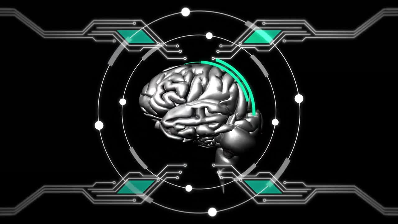 Animation of 3d metallic human brain rotating on black background