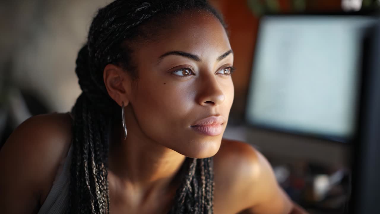 A thoughtful young woman gazing intently at a computer screen, exhibiting a natural beauty and deep concentration in a warm, cozy environment that enhances her contemplative expression and features