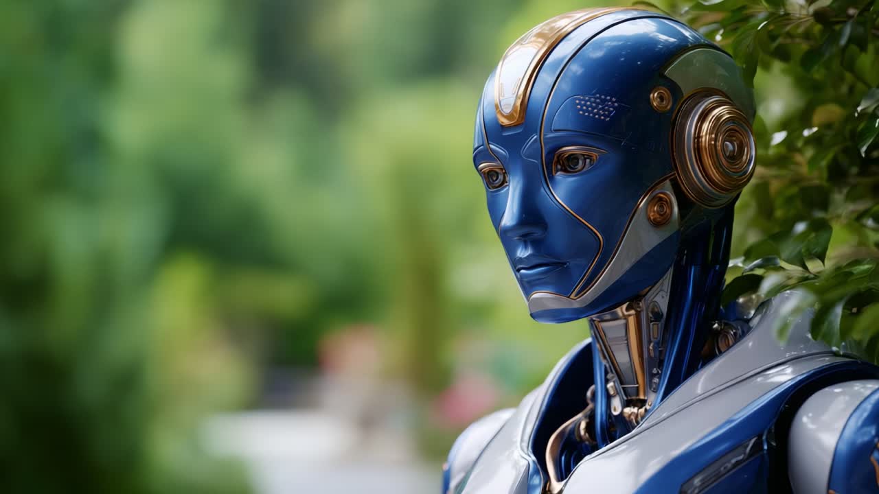 Robot blu futuristico in mezzo al verde lussureggiante, che mostra robotica avanzata e caratteristiche simili a quelle umane con una finitura metallica e un design dettagliato