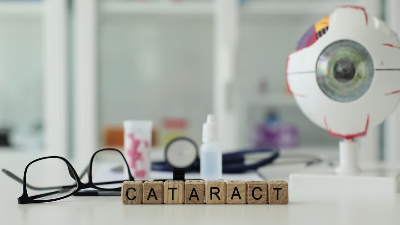 Le mot « cataracte » devant un équipement d'ophtalmologie en clinique.