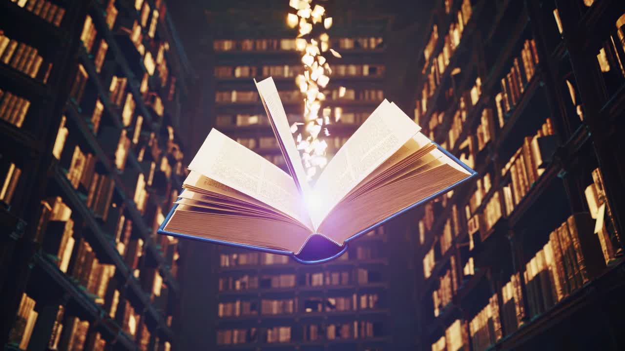 A magical video scene of a book floating in a grand library