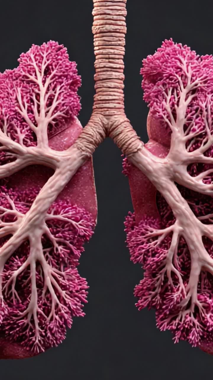 Rappresentazione anatomica dettagliata dei polmoni umani che mostra la complessa struttura di ramificazione e le caratteristiche vascolari, perfetta per la formazione e lo studio in ambito medico