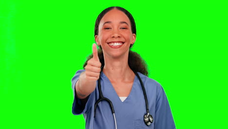 Face,-nurse-and-woman-with-thumbs-up-on-green