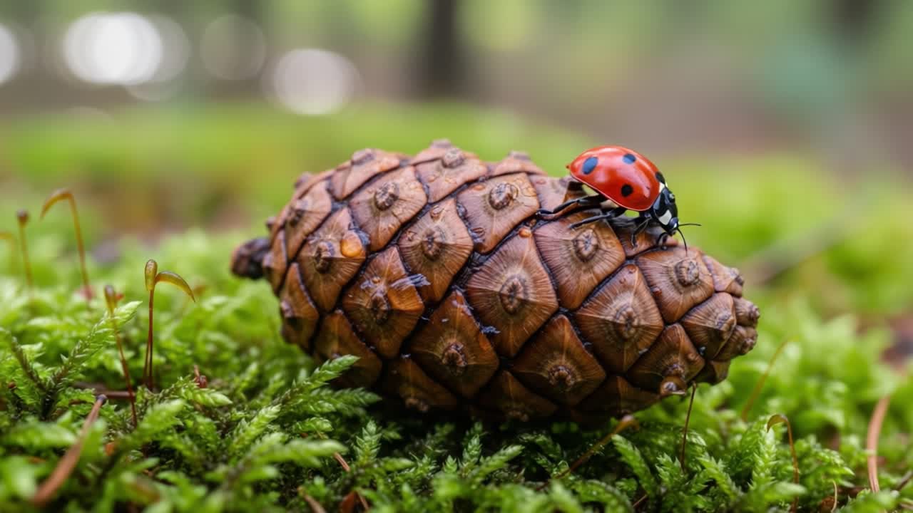 A Vibrant Ladybug Resting on a Pine Cone Surrounded by Lush Greenery in a Tranquil Forest Setting, Showcasing Nature's Beauty and Intricate Details
