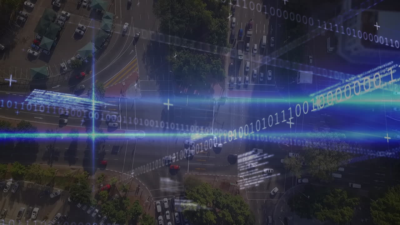 도시 풍경 위의 데이터 처리 애니메이션