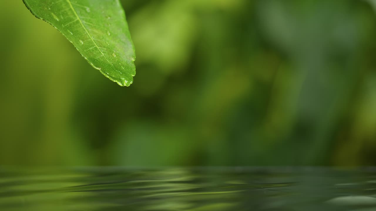 Vattendroppe som faller från grönt blad ner i lugnt vatten