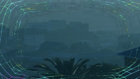 palm trees and cityscape with colorful geometric animation overlaying scene